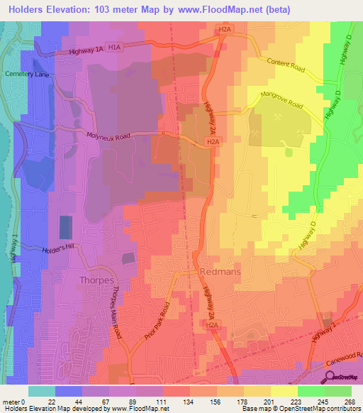 Holders,Barbados Elevation Map