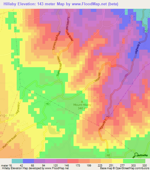Hillaby,Barbados Elevation Map