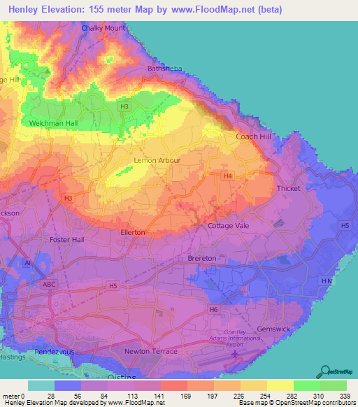 Henley,Barbados Elevation Map