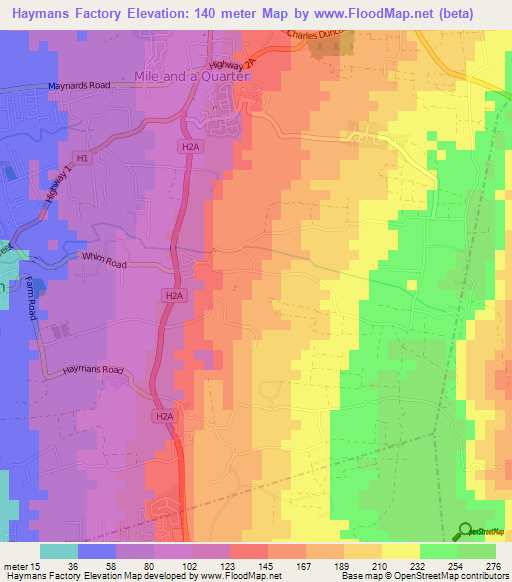 Haymans Factory,Barbados Elevation Map