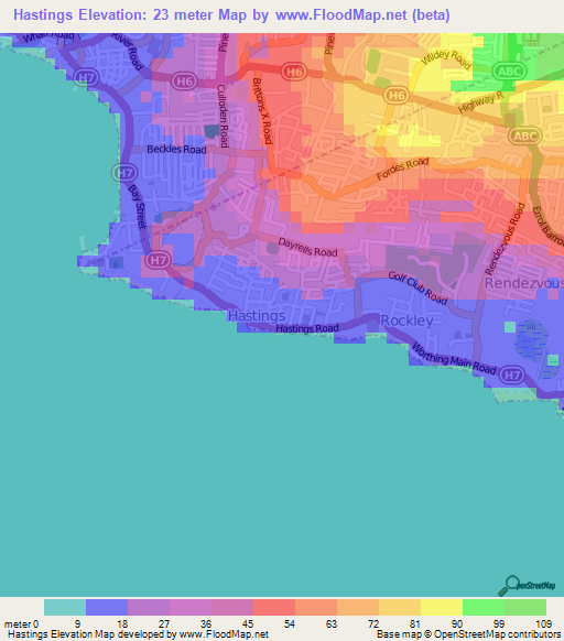 Hastings,Barbados Elevation Map
