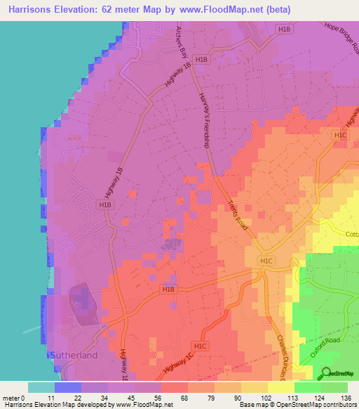 Harrisons,Barbados Elevation Map