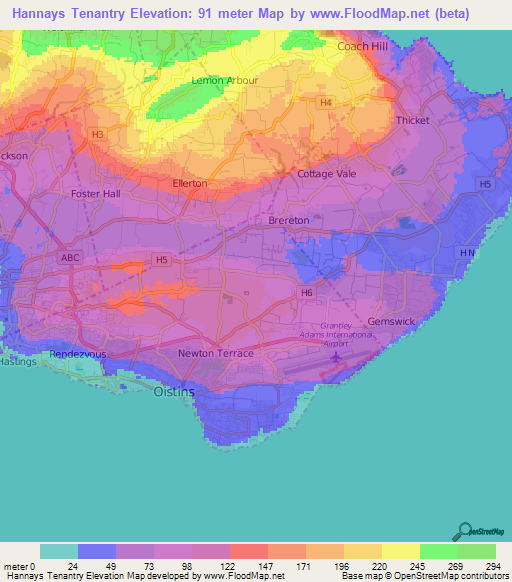 Hannays Tenantry,Barbados Elevation Map