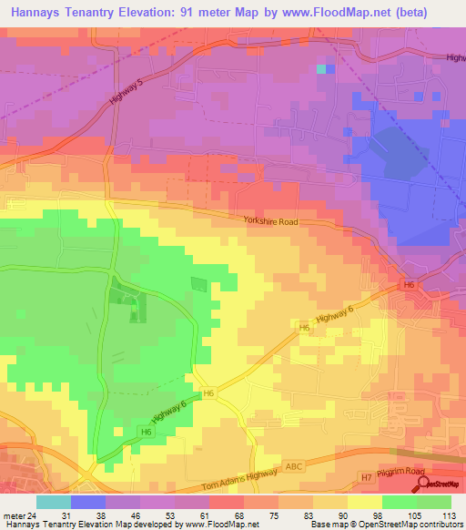 Hannays Tenantry,Barbados Elevation Map