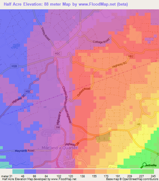 Half Acre,Barbados Elevation Map