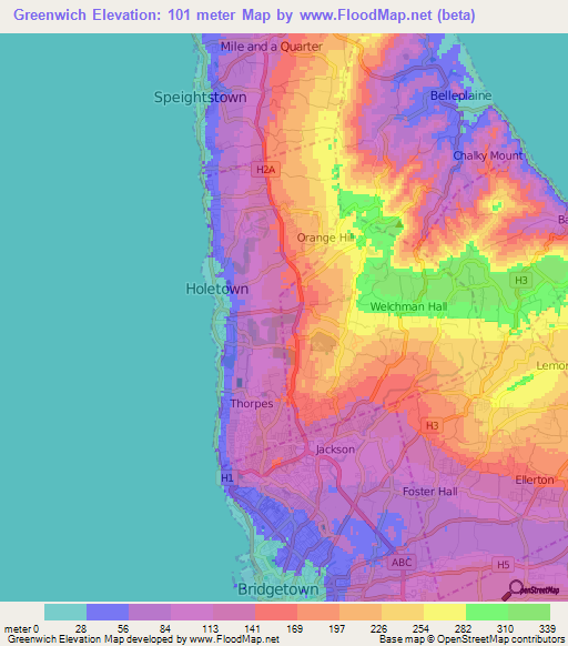 Greenwich,Barbados Elevation Map