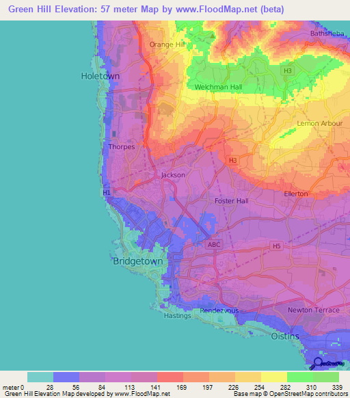 Green Hill,Barbados Elevation Map