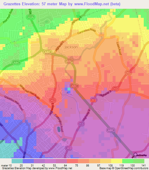 Grazettes,Barbados Elevation Map
