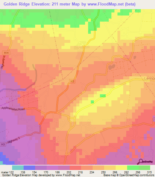 Golden Ridge,Barbados Elevation Map
