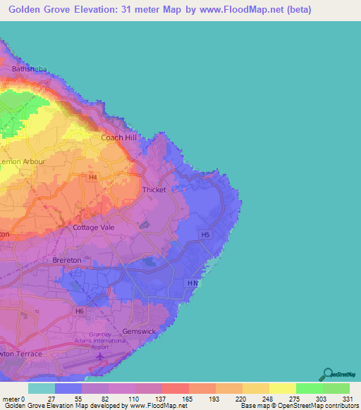 Golden Grove,Barbados Elevation Map