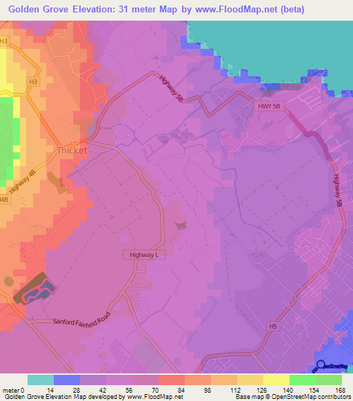 Golden Grove,Barbados Elevation Map