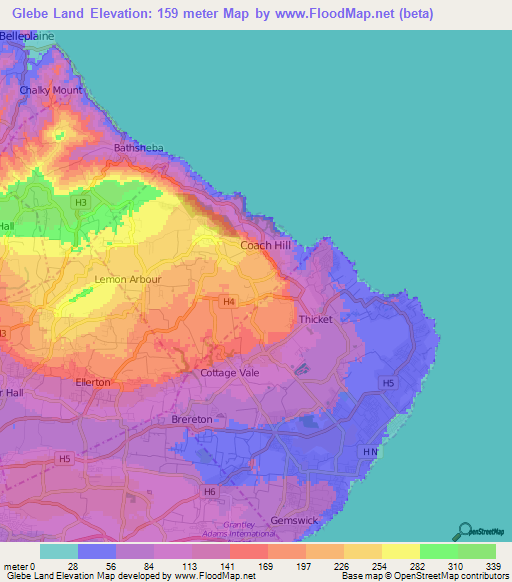 Glebe Land,Barbados Elevation Map