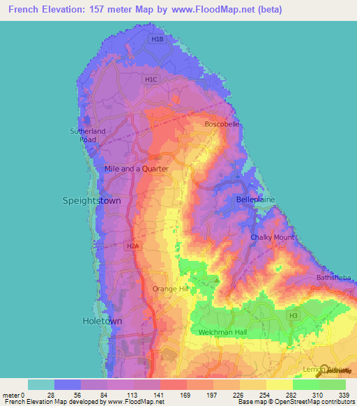French,Barbados Elevation Map