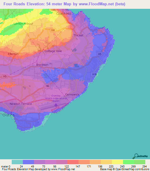Four Roads,Barbados Elevation Map