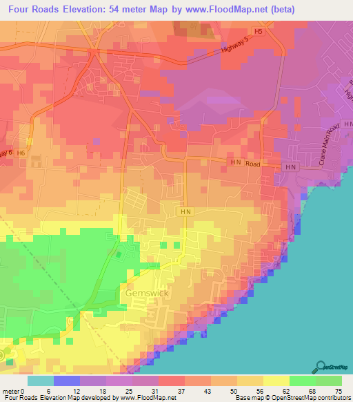 Four Roads,Barbados Elevation Map