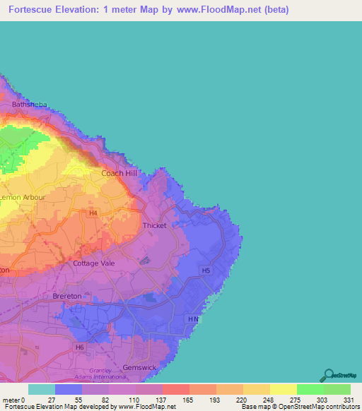 Fortescue,Barbados Elevation Map