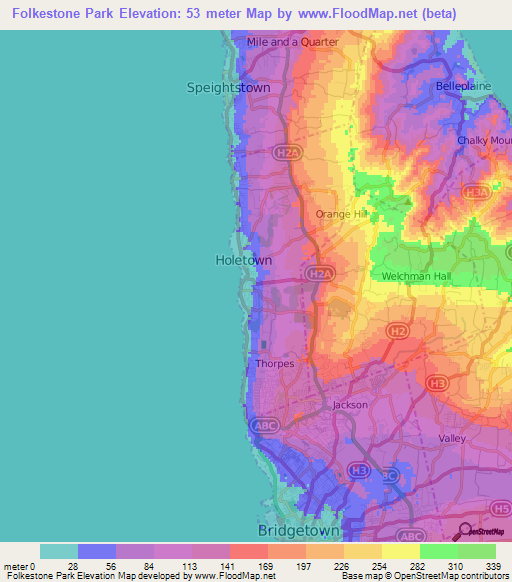 Folkestone Park,Barbados Elevation Map