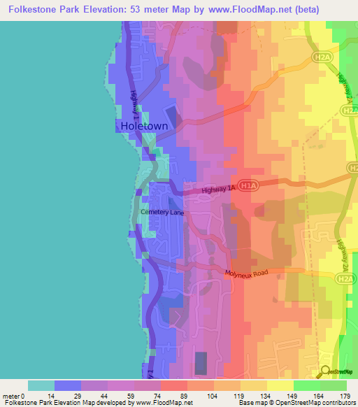 Folkestone Park,Barbados Elevation Map