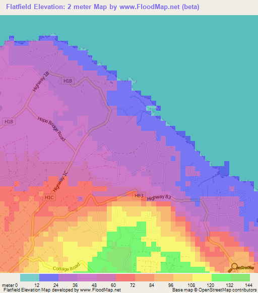 Flatfield,Barbados Elevation Map