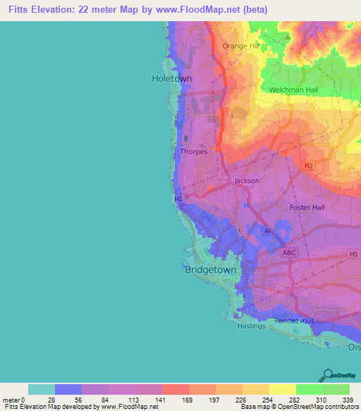 Fitts,Barbados Elevation Map