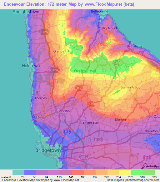 Endeavour,Barbados Elevation Map