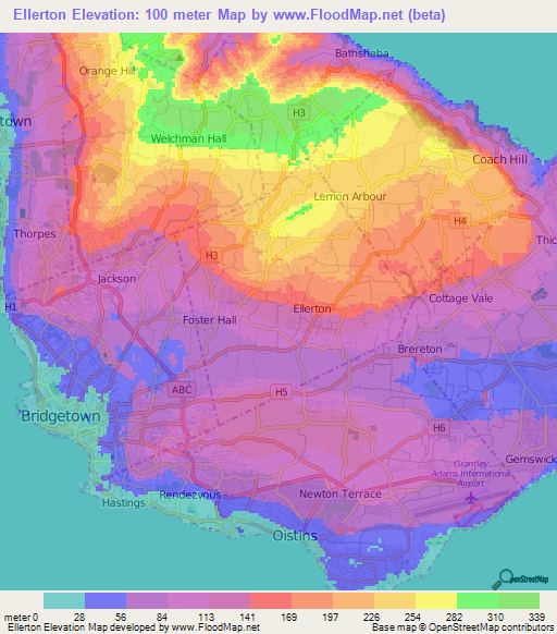 Ellerton,Barbados Elevation Map