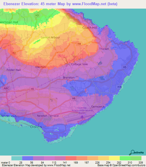 Ebenezer,Barbados Elevation Map