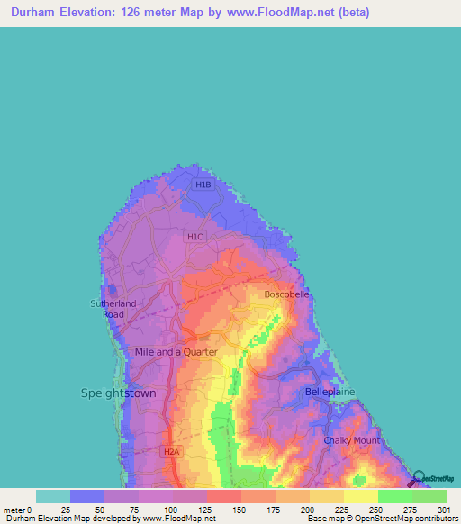 Durham,Barbados Elevation Map