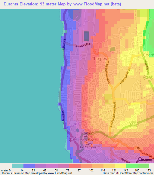 Durants,Barbados Elevation Map