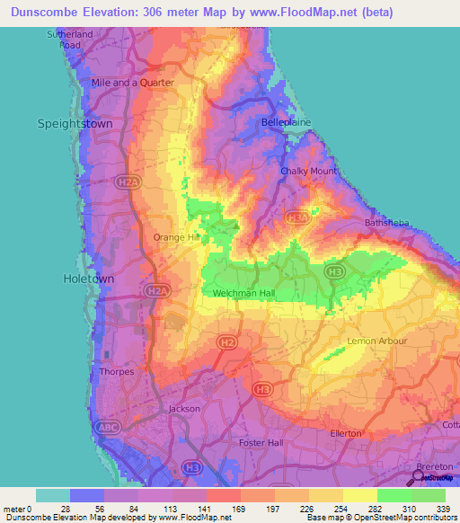 Dunscombe,Barbados Elevation Map