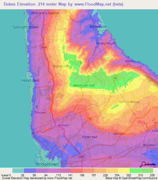 Dukes,Barbados Elevation Map