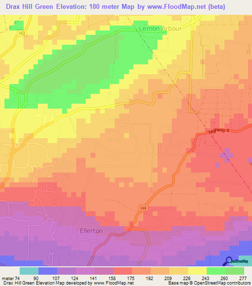 Drax Hill Green,Barbados Elevation Map