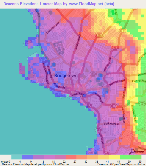 Deacons,Barbados Elevation Map