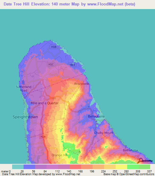 Date Tree Hill,Barbados Elevation Map