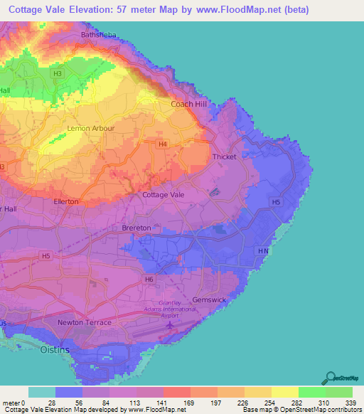 Cottage Vale,Barbados Elevation Map
