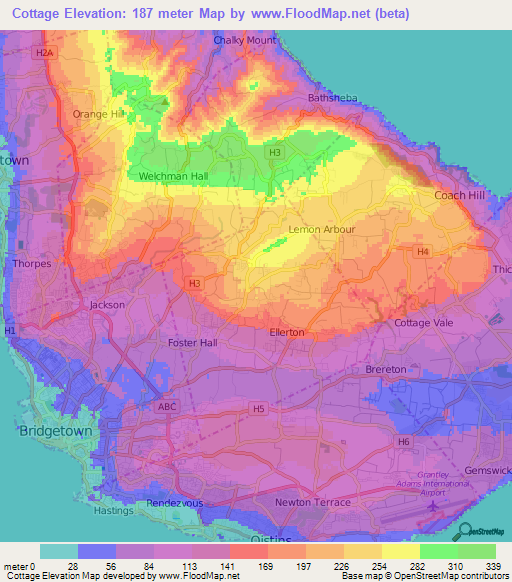 Cottage,Barbados Elevation Map
