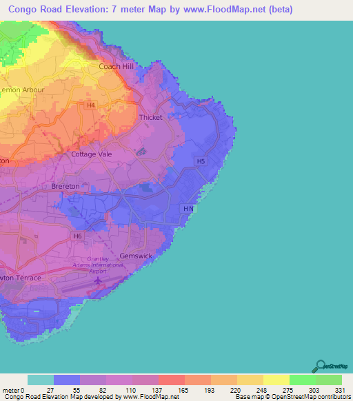 Congo Road,Barbados Elevation Map