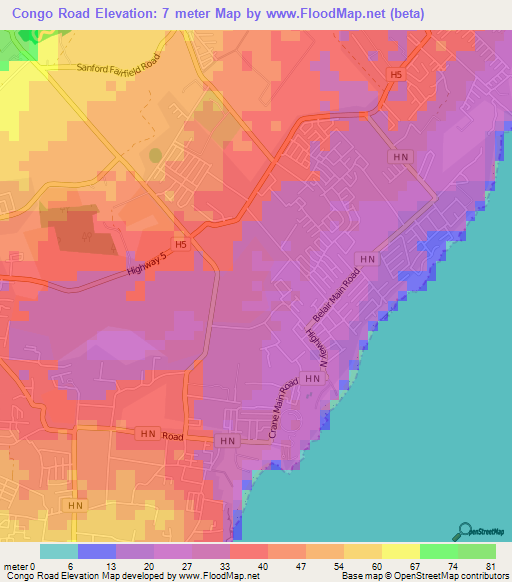 Congo Road,Barbados Elevation Map
