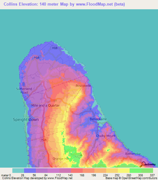 Collins,Barbados Elevation Map