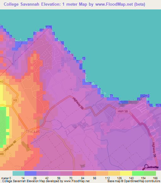 College Savannah,Barbados Elevation Map