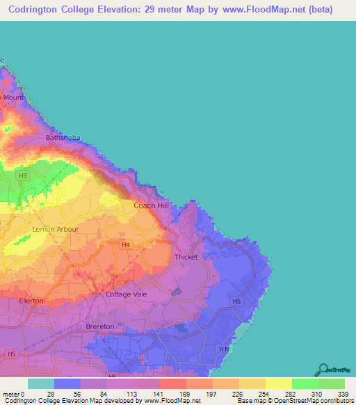 Codrington College,Barbados Elevation Map
