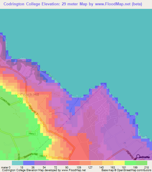 Codrington College,Barbados Elevation Map