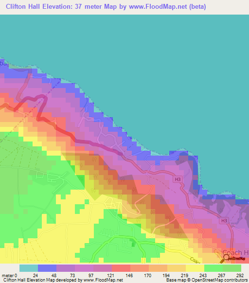 Clifton Hall,Barbados Elevation Map