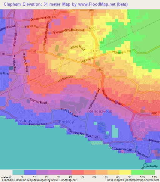 Clapham,Barbados Elevation Map