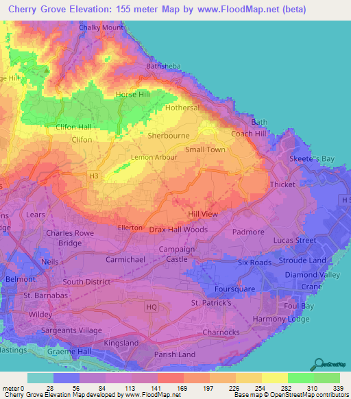 Cherry Grove,Barbados Elevation Map