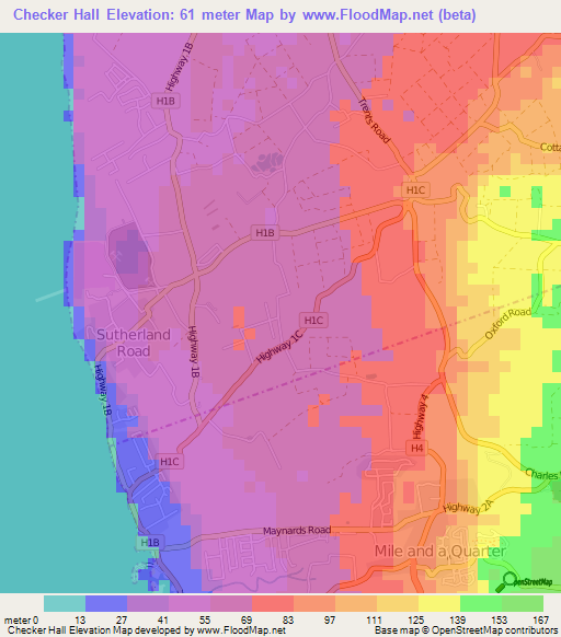 Checker Hall,Barbados Elevation Map