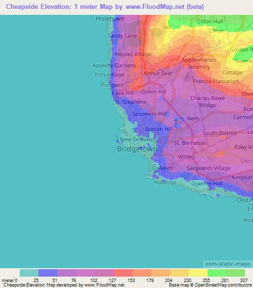 Cheapside,Barbados Elevation Map