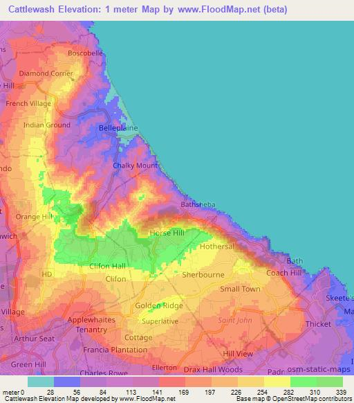 Cattlewash,Barbados Elevation Map
