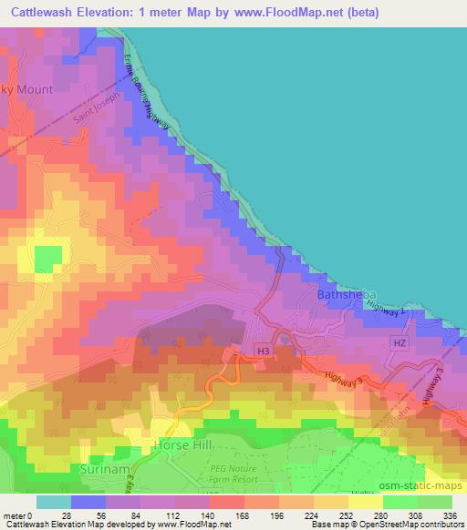 Cattlewash,Barbados Elevation Map
