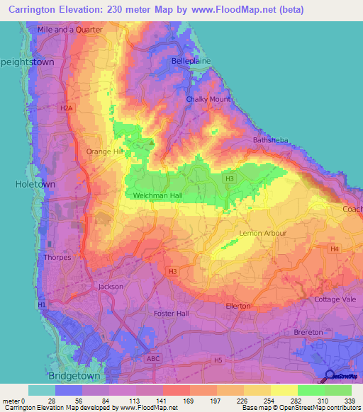 Carrington,Barbados Elevation Map